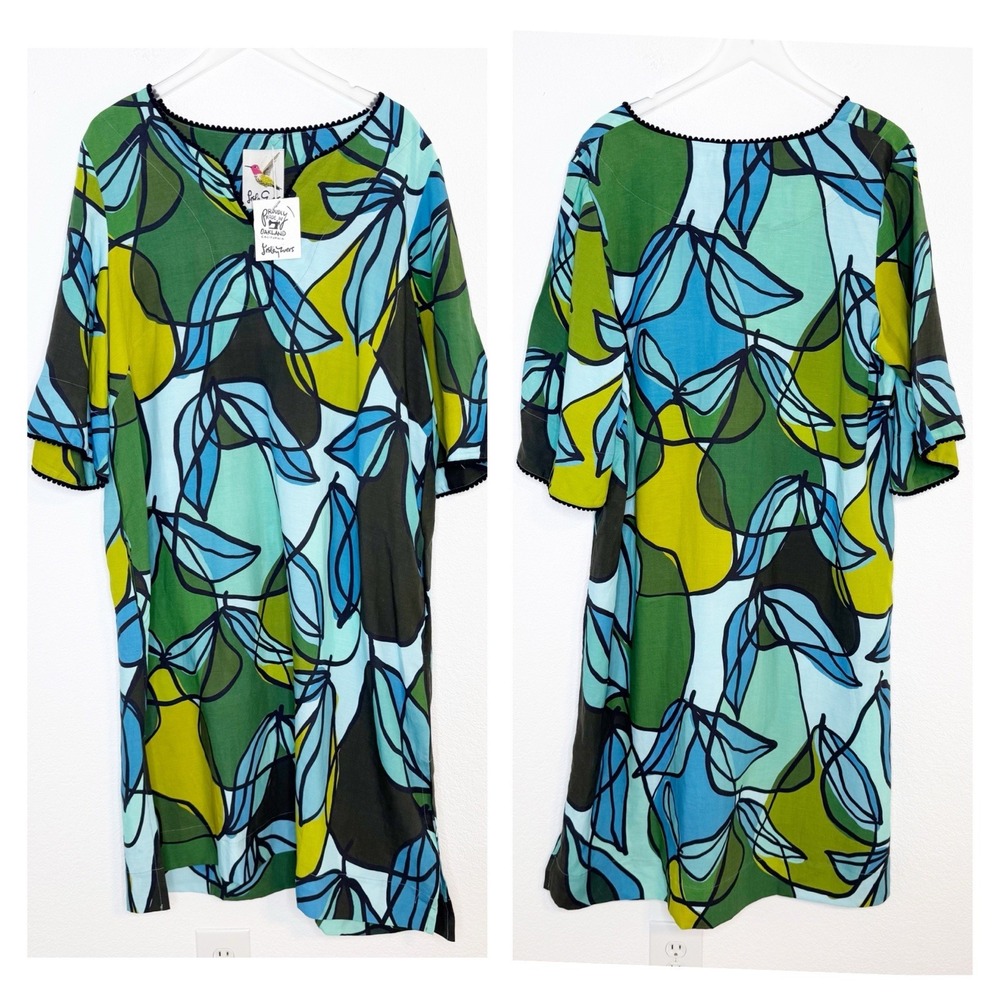 Lesley Evers Womens Gigi Green Pears Linen Dress‎ Size 2X Linen Blend Artsy Boho
